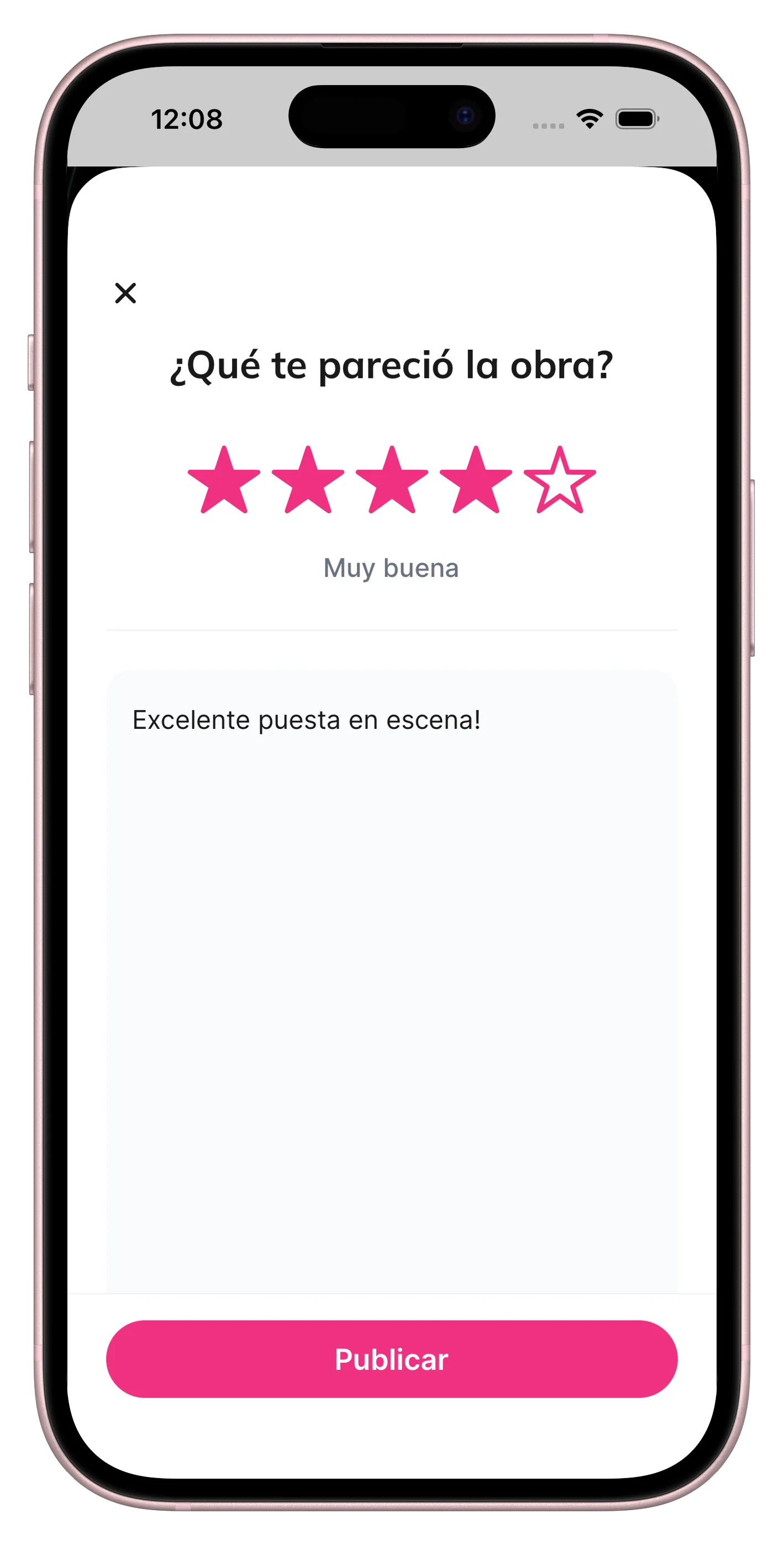 Pantalla de calificación de Butaqueando con estrellas y reseña