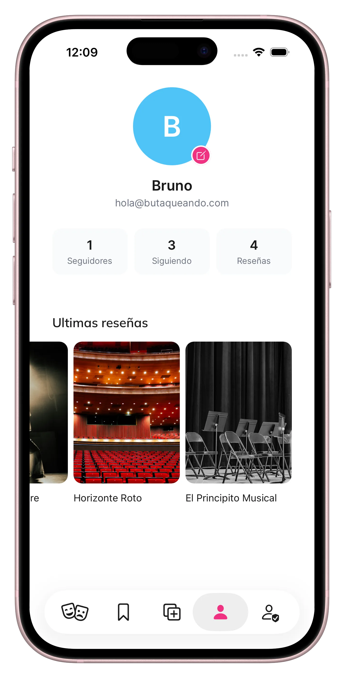 Pantalla de perfil de Butaqueando con estadísticas y últimas reseñas